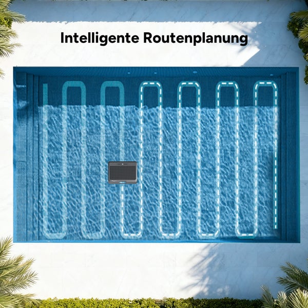 Poolroboter in einem Schwimmbecken mit Darstellung der systematischen Reinigungsroute. Text oben: Intelligente Routenplanung.