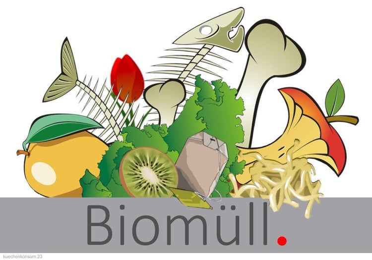Illustration von Biomüll mit Speiseresten wie Fischgräten, Knochen, Obstschalen, Salat und einem Teebeutel. Schriftzug Biomüll.