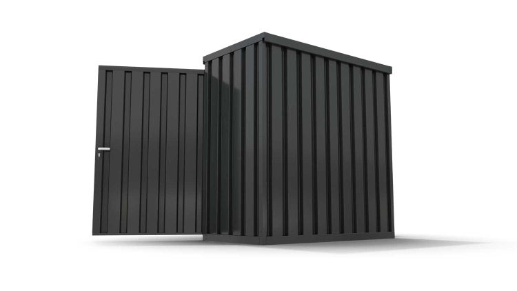 Lagercontainer Gerätehaus XS  – 2 qm, H2150 x B2100 x T1140 mm, Außenwandlackierung anthrazit, Dach außen verzinkt, mit Holzfußboden, 1830 mm Doppelflügeltür mittig in Breitseite, montiert