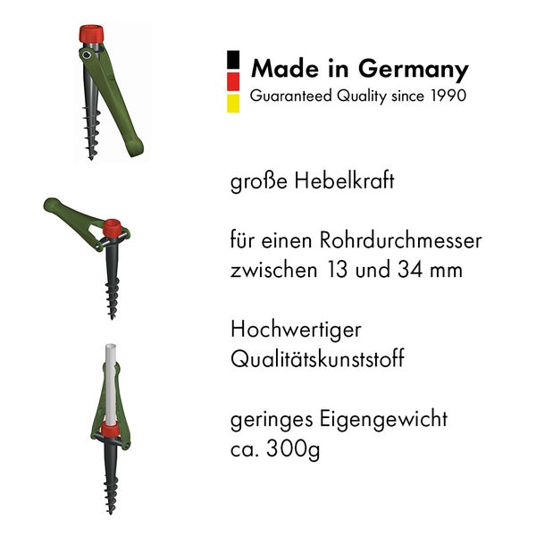 Bodenschraube aus Kunststoff für Rohrdurchmesser 13 bis 34 Millimeter, große Hebelkraft, Made in Germany, Gewicht circa 300 Gramm.