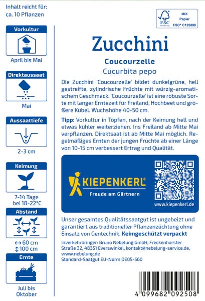 Saatgutpackung Zucchini Coucourzelle von Kiepenkerl mit Anbauinformationen und FSC Logo
