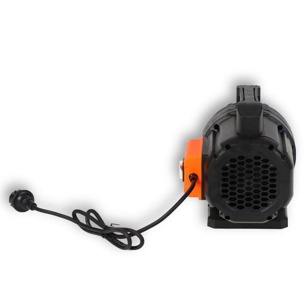 Elektrische Pumpe mit schwarzem Kunststoffgehäuse, orangefarbenem Schalter und Stromkabel.