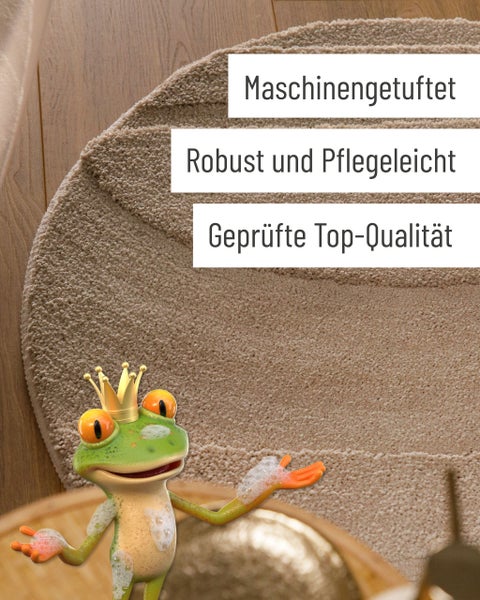 Runder Teppich mit geschwungenem Reliefmuster und Detailansicht der weichen Textur.
