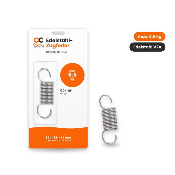 Orange Commerce Edelstahl Zugfeder mit Haken, 65 Millimeter Länge, maximale Belastbarkeit 6,5 Kilogramm, Material Edelstahl V2A.