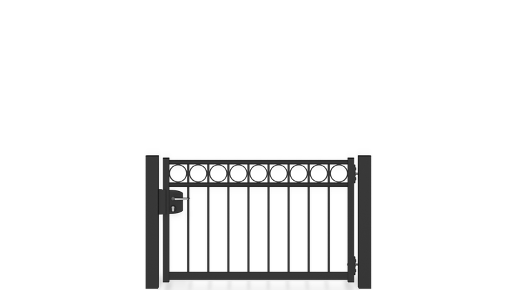 Gartentor ZAUNGURU BASIC-Linie Oldenburg Kreis aus Metall, Höhe: 83cm, Breite: 150cm, 1-flügelig inkl. Pfosten, Schloss und Zubehör, Feuerverzinkt und in RAL 7016 Anthrazitgrau pulverbeschichtet
