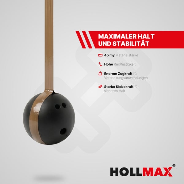 HOLLMAX Klebeband trägt Bowlingkugel: Hohe Reißfestigkeit, 45 Mikrometer Materialstärke, enorme Zugkraft und starke Klebekraft. HOLLMAX Logo.