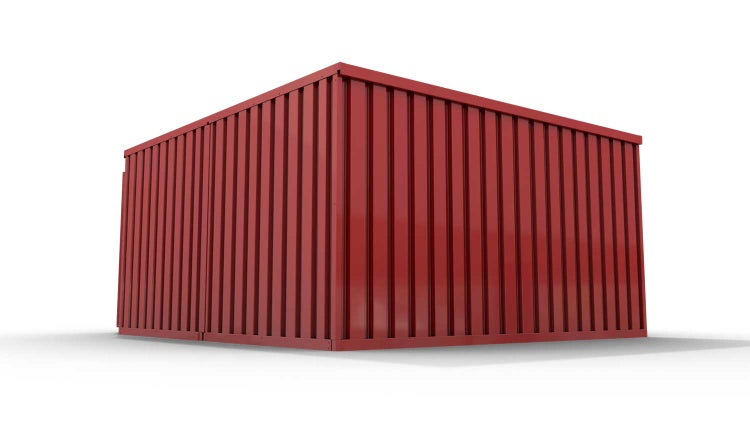Lagercontainer Gerätehaus M2  – 12 qm, H2150 x B3050 x T4340 mm, Außenwandlackierung RAL 3000 feuerrot, Dach außen verzinkt, mit Holzfußboden, 1270 mm Einflügeltür mittig in Breitseite, montiert