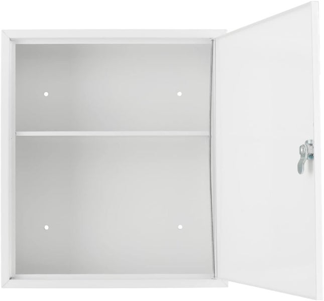 JUNG Tarmo Medizinschrank, abschließbar, groß 32x36 cm, Medikamentenschrank aus Metall, Weiß, Hausapotheke Box mit Erste-Hilfe Kennzeichnung gemäß DIN 4844/E003