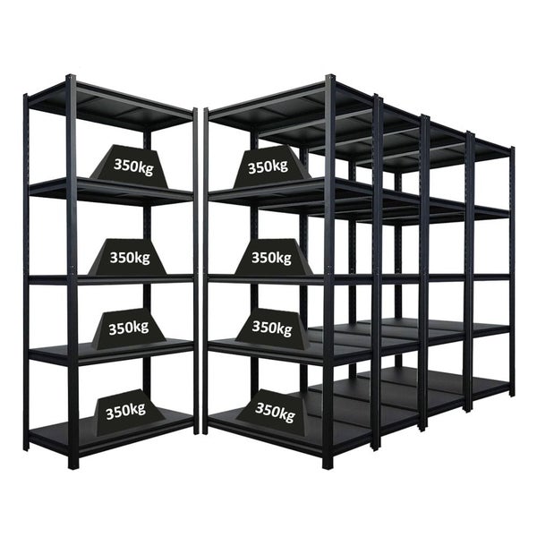 Zwei schwarze Schwerlastregale mit einer Tragkraft von 350 kg