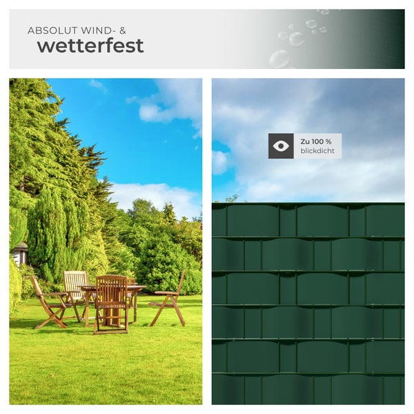 Wind- und wetterfeste grüne Sichtschutzwand im Garten mit Gartengarnitur