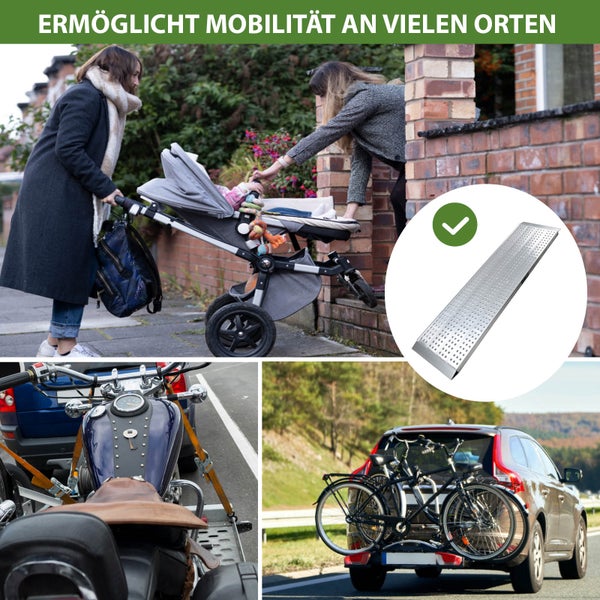 Vielseitige Einsatzmöglichkeiten einer Auffahrschiene aus Metall für Kinderwagen, Motorräder und Fahrräder am Auto.