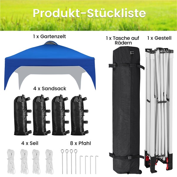 Produktstückliste mit einem Gartenzelt, vier Sandsäcken, vier Seilen, acht Pfählen, einer Tasche auf Rädern und einem Gestell