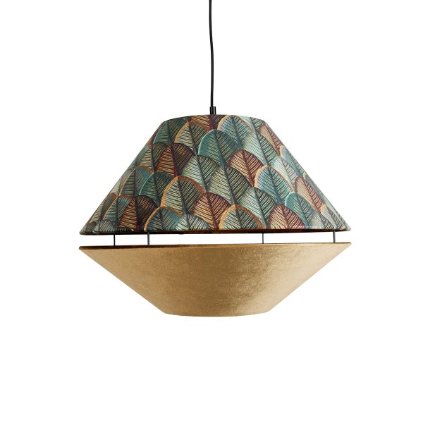 Moderne Hängeleuchte mit zweiteiligem Schirm: Oberteil mit Blättermuster und Unterteil aus goldfarbenem Samtstoff.