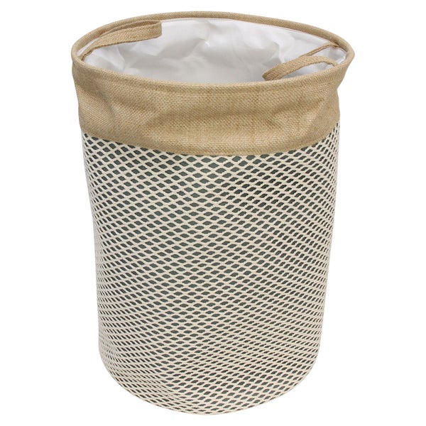 Beiger Wäschekorb aus Netzgewebe mit Textilrand und Griffen.
