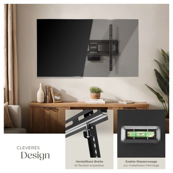 An der Wand montierter Fernseher mit verstellbarer TV-Halterung für flexible Breite und exakter Wasserwaage für eine einwandfreie Montage.