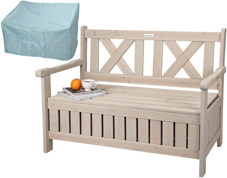 needs&wants® Gartenbank Holz wetterfest mit Stauraum und Abdeckung, 2-Sitzer Truhenbank Holzbank klassisch, Parkbank Sitzbank massiv Garten Outdoor mit Truhe, Naturholz Massivholz, grau-beige