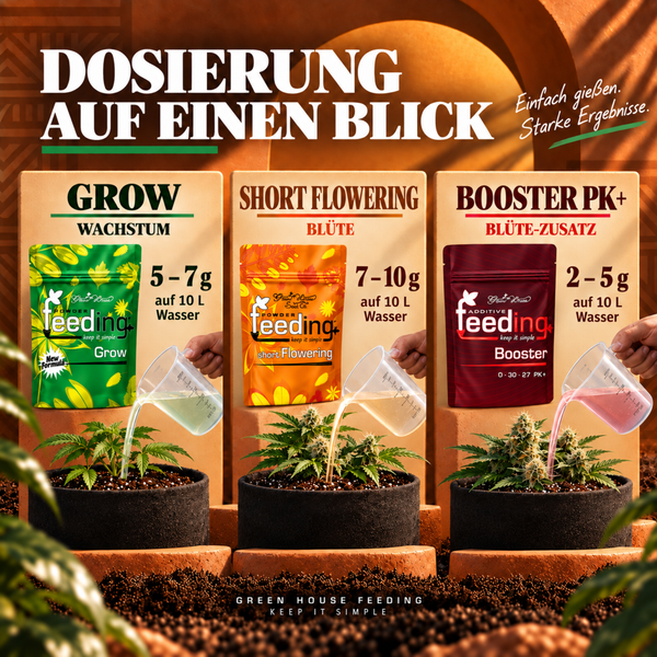 Infografik zur Dosierung von Green House Feeding Dünger Grow, Short Flowering und Booster PK Plus für Pflanzen in Töpfen mit Gießbecher.