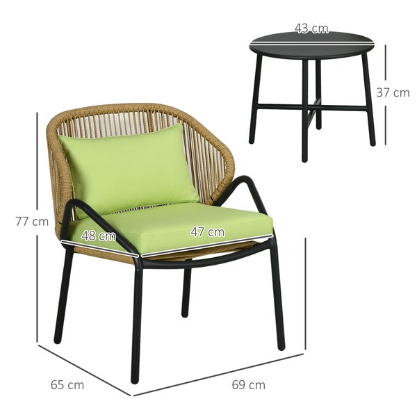 Outsunny 3 tlg. Ratten Balkonmöbel-Set, 65L x 60B x 77H cm, PE Rattan, Polyester, grün
