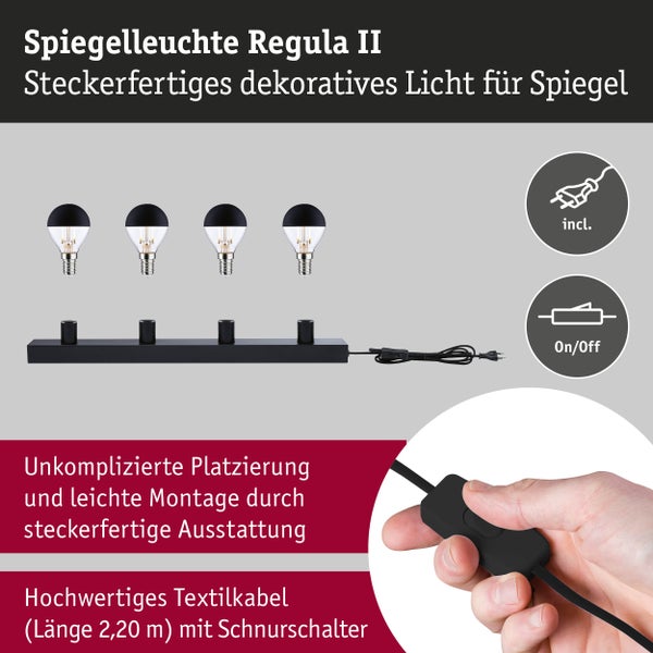Spiegelleuchte Regula II mit vier Fassungen, Leuchtmitteln, zwei Komma zwanzig Meter langem Textilkabel, Stecker und Schnurschalter.