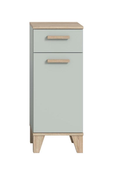 Hoher Badschrank mit einer Tür und einer Schublade in Holzoptik und matter Oberfläche auf stabilen Standfüßen
