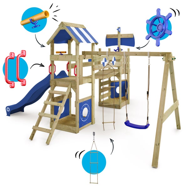 WICKEY Spielturm Klettergerüst StormFlyer mit Schaukel und Rutsche, Baumhaus mit Sandkasten, Kletterleiter und Spiel-Zubehör - blau