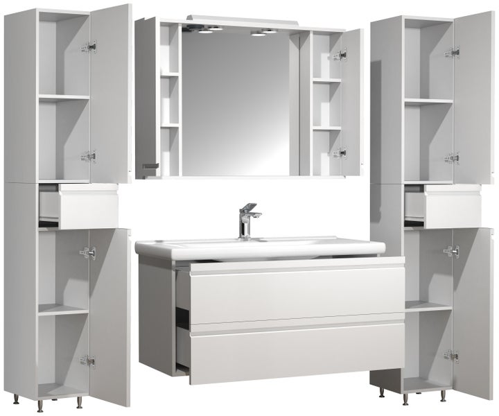 Badezimmermöbel-Set mit Waschbecken, Spiegelschrank und Hochschränken