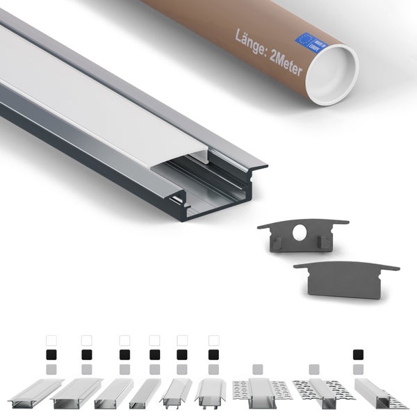 Aluminium LED Einbauprofil Set mit Abdeckung und Endkappen für LED Streifen inklusive zwei Meter langer Verpackungsrolle