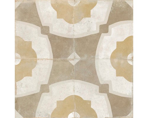 Quadratische Feinsteinzeugfliese mit Vintage-Ornamentmuster in Beige und Grau für Wand und Boden.