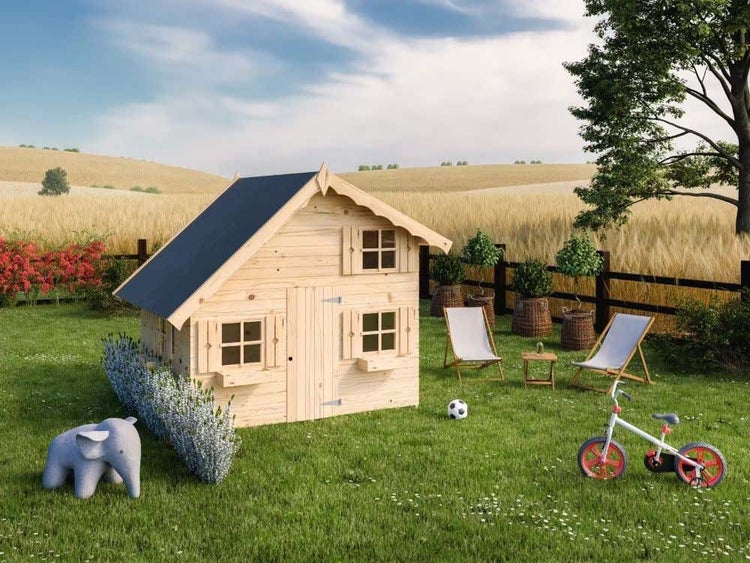 Polhus Alpholz Spielhaus Tom Kinderspielhaus aus Holz, Kinderhaus mit 16 mm Wandstärke Holzhaus Kinder, Naturbelassen 2,2x1,8m