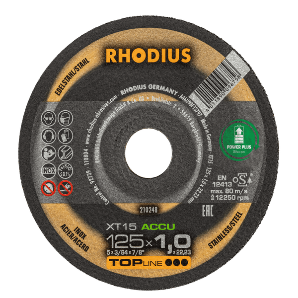 RHODIUS Trennscheibe XT15 ACCU, 10 Stück, 125 x 1,0 x 22,23 mm für Edelstahl, Stahl, Metall, TOPline