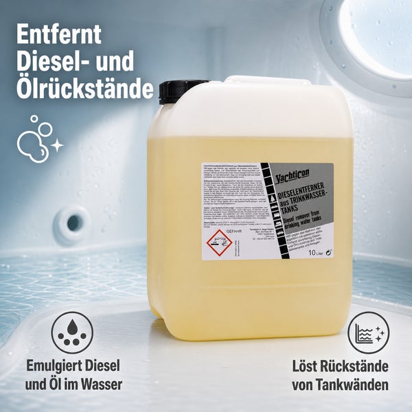 Yachticon Dieselentferner für Trinkwassertanks in einem 10 Liter Kanister zur Reinigung von Diesel- und Ölrückständen.