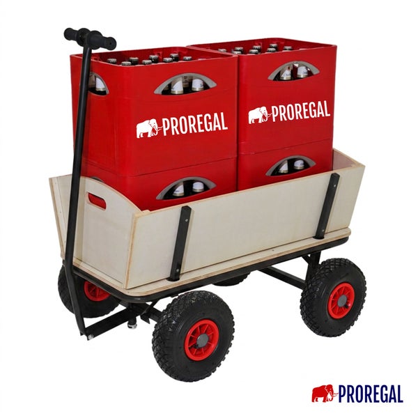 Handwagen mit Holzaufbau und vier Rädern, beladen mit vier Getränkekisten. Proregal Logo.
