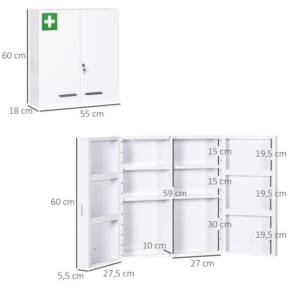 kleankin Medizinschrank, 2-türiger Medikamentenschrank mit 6 Einlegeböden, Apothekerschrank für Wandmontage, Abschließbarer Arzneischrank, Erste Hilfe Schrank, Stahl, Weiß, 55 x 18 x 60 cm