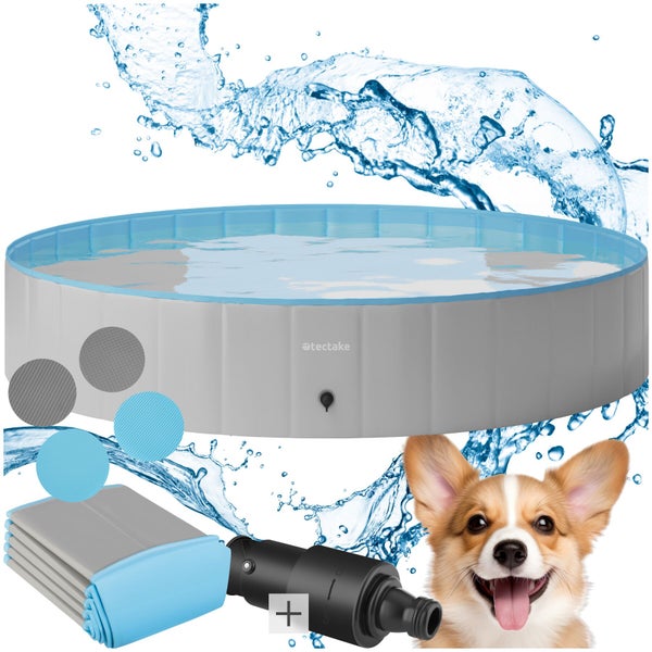 Faltbarer Hundepool mit tectake Logo in Grau und Blau inklusive Reparaturflicken, Schlauchadapter und zusammengefaltetem Pool.