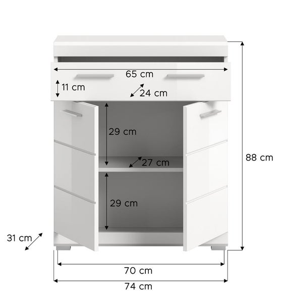 Weißer Badezimmerschrank mit Schublade und zwei Türen, Höhe 88 Zentimeter, Breite 74 Zentimeter und Tiefe 31 Zentimeter.