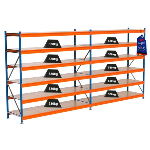 Schwerlastregal mit hoher Traglast von 530 kg und Made in EU Siegel