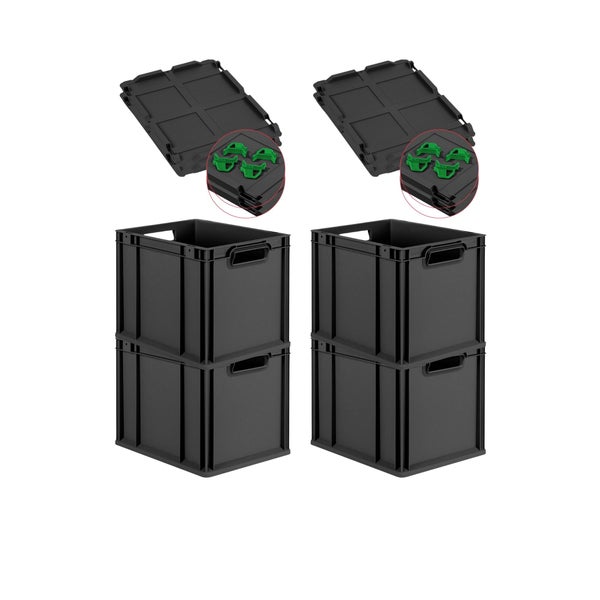 PROREGAL SuperSparSet 4x Eurobox NextGen Grip mit Auflagedeckel inkl. 4 grünen Schiebeschnappverschlüssen, HxBxT 32x30x40cm, 30 Liter, Schwarz, Griffe offen, Eurobehälter, Transportbox, Transportbehälter, Stapelbehälter