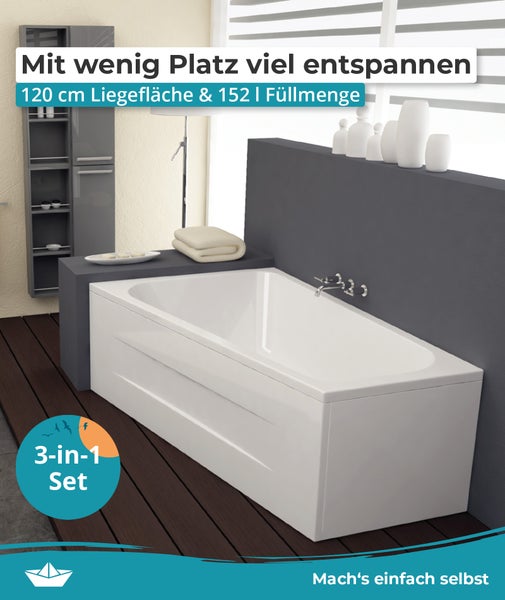 Modernes Badezimmer mit weißer rechteckiger Badewanne, 120 Zentimeter Liegefläche, 152 Liter Inhalt, Wandarmatur und grauem Schrank, 3-in-1 Set.