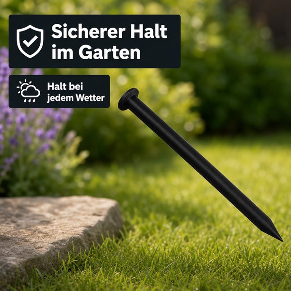 Ein Bodenanker für den Garten mit Symbolen für sicheren Halt bei jedem Wetter.