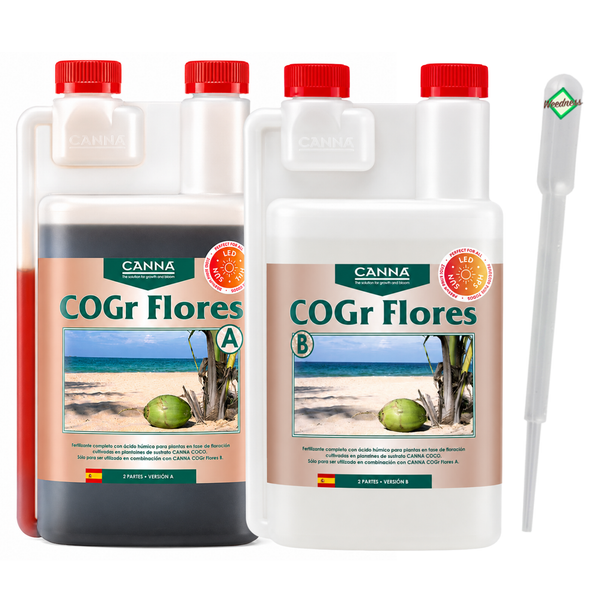 Zwei Flaschen CANNA COGr Flores A und B Blumendünger Set mit Pipette für die Blütephase von Pflanzen in Kokossubstrat.