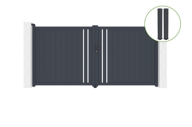 Flügeltor 3,5 m GIONA H.180 graues Aluminium + 2 Pfosten 20x20 cm H.190 cm
