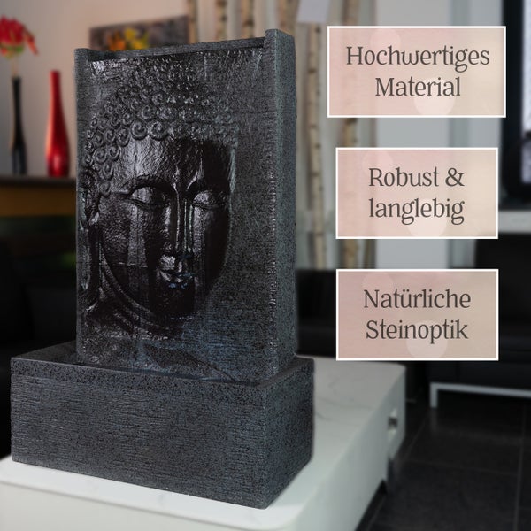 Zimmerbrunnen mit Buddha-Relief in Steinoptik, gefertigt aus hochwertigem, robustem und langlebigem Material.