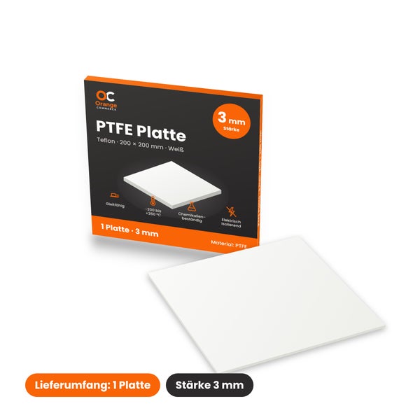 PTFE Platte, 200 mal 200 Millimeter, 3 Millimeter stark, gleitfähig, chemikalienbeständig und elektrisch isolierend, inklusive Orange Commerce Logo