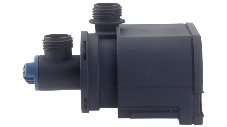Teichpumpe aus dunklem Kunststoff mit zwei Gewindeanschlüssen und blauem Drehknopf.