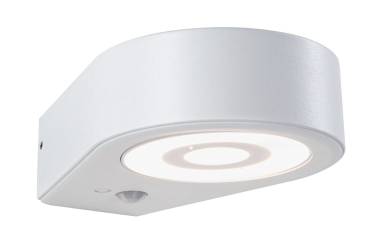 Weiße LED-Außenwandleuchte mit integriertem Bewegungsmelder und nach unten gerichtetem Lichtaustritt.