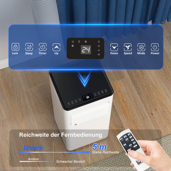Mobiles Klimagerät mit digitalem Bedienfeld und Fernbedienung mit einer Reichweite von 5 Metern.