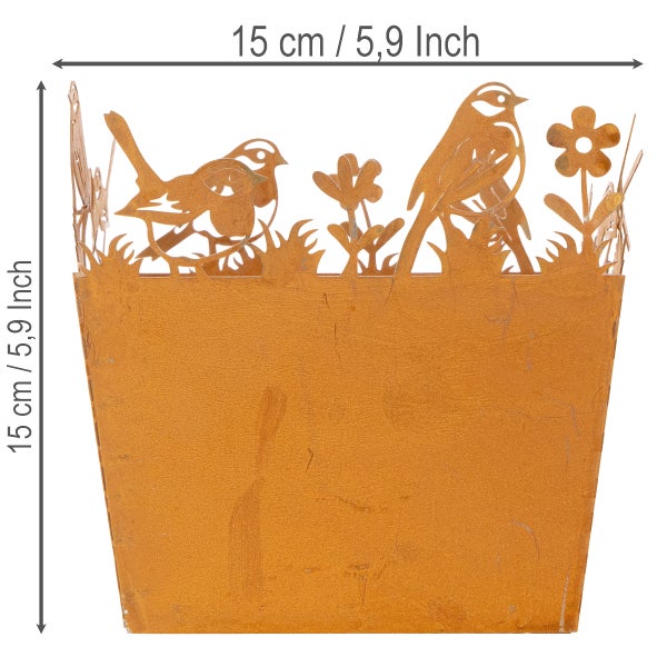 Rostfarbener Pflanztopf aus Metall mit Vogel- und Blumensilhouetten, 15 Zentimeter mal 15 Zentimeter.