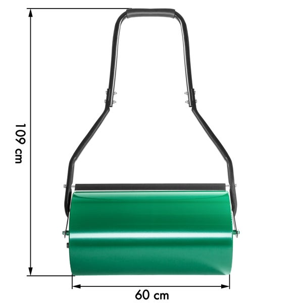 Gartenwalze aus Metall mit Maßen von 60 Zentimetern Breite und 109 Zentimetern Gesamthöhe.