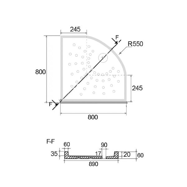 Maßskizze einer Viertelkreis-Duschwanne, 800 mal 800 Millimeter, Radius 550 Millimeter, Höhe 60 Millimeter.