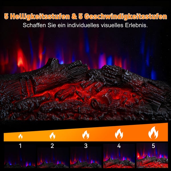 Elektrischer Kamin mit fünf Helligkeits- und fünf Geschwindigkeitsstufen.